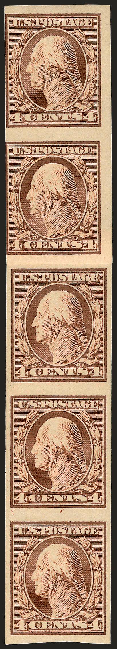 4c Orange Brown, Imperforate Coil (346V).> Mint N.H. paste-up strip of five, Fine-Very Fine, with 1993 P.F. certificate, Scott Retail as hinged paste-up pair and Mint N.H. single and pair