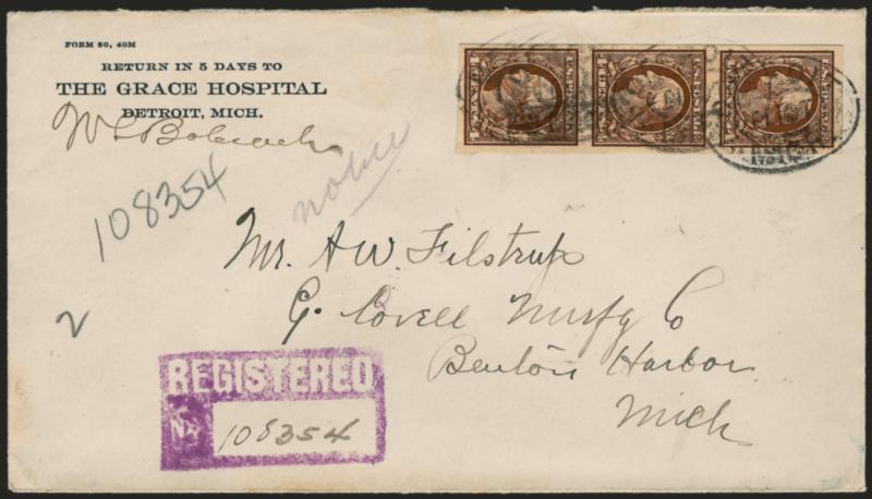 4c Orange Brown, Imperforate Coil (346V).> Strip of three tied by Detroit Mich. double ovals on 1916 registered cover to the Covel Manufacturing Co. in Benton Harbor Mich., Fine-Very Fine, not listed on cover,
Carl Mainberger note on back states that
