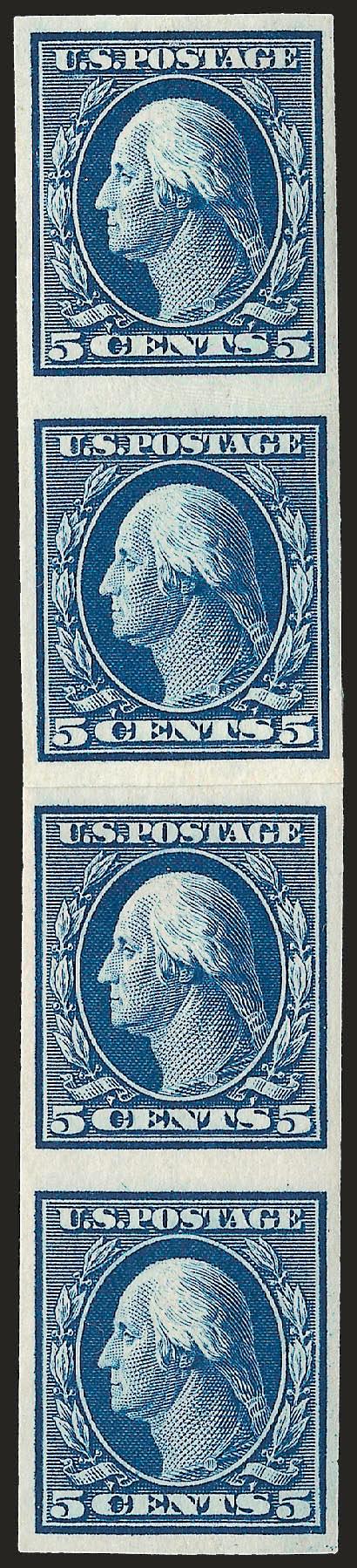 5c Blue, Imperforate Coil (347V).> Paste-up strip of four, center paste-up pair Mint N.H., Very Fine, with 2007 P.F. certificate, Scott Retail as normal hinged and Mint N.H. pairs as the paste-up pair is <not
listed,> if the paste-up was listed it wo