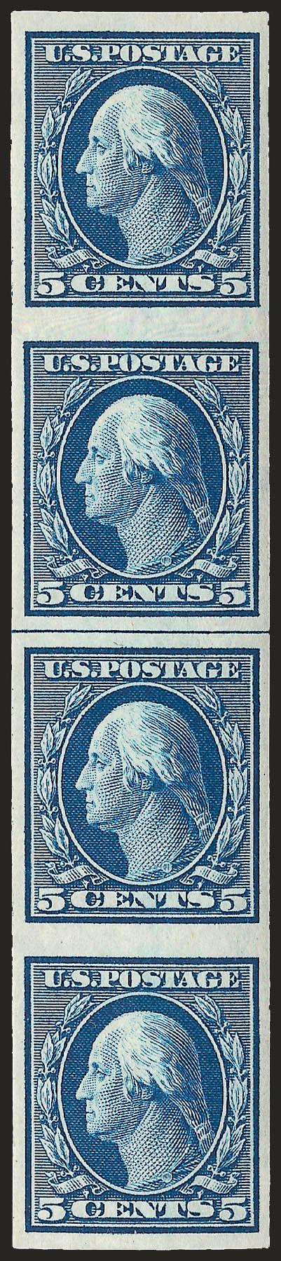 5c Blue, Imperforate Coil (347V).> Guide line strip of four, end stamps hinged, guide line pair Mint N.H., Very Fine, with 2007 P.F. certificate, Scott Catalogue does not price the guide line pair in Mint N.H.
condition, Scott Retail as all hinged