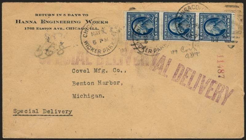 5c Blue, Imperforate Coil (347V).> Paste-up strip of three with plate no. on paste-up tab, tied by Chicago Ill. Wicker Park Sta. May 1919 grid duplex datestamps and purple SPECIAL DELIVERY in large block
letters on printed corner card cover addre