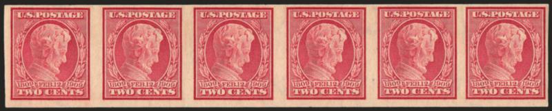 2c Lincoln, Imperforate Coil (368H).> Mint N.H. strip of six showing three different spacings, Fine-Very Fine, scarce, with 1997 A.P.S. certificate, Scott Retail as Mint N.H. pair and strip of four