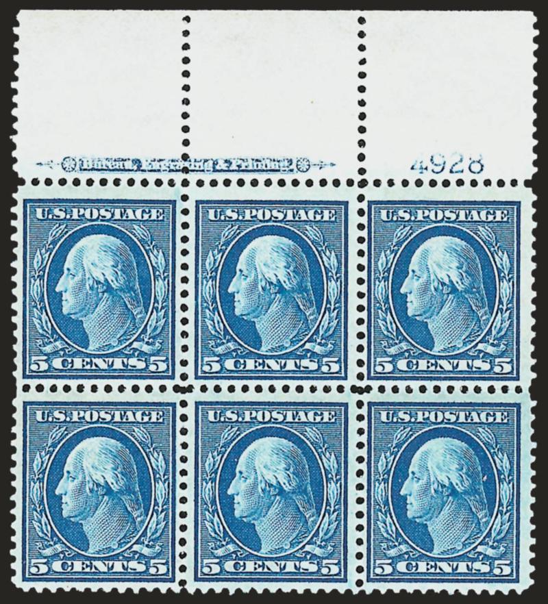 5c Blue (335).> Wide top imprint and plate no. 4928 block of six, bottom right stamp faintly hinged, others Mint N.H., Fine-Very Fine, an extremely scarce plate especially in the top position