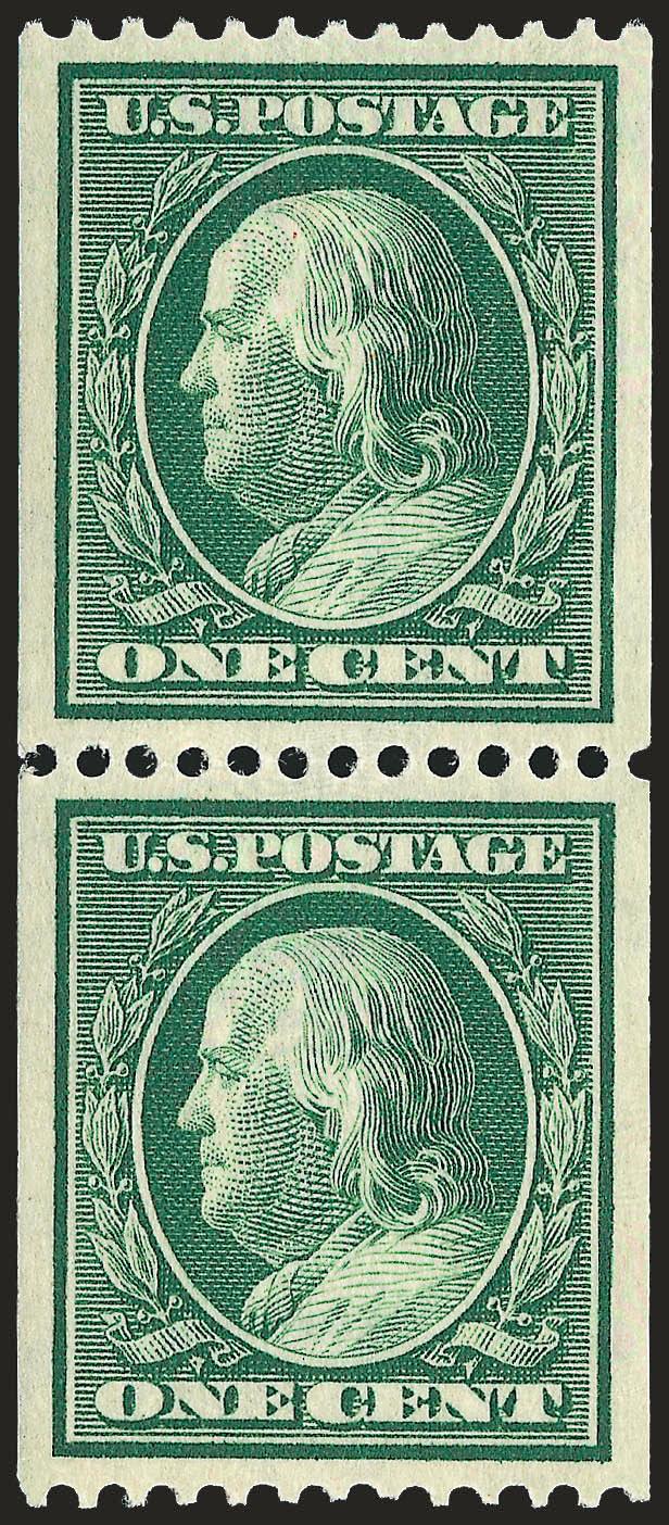 1c Green, Coil (348).> Mint N.H. pair, mathematically perfect centering, bright shade, detailed impression<><>^EXTREMELY FINE GEM. THIS SUPERB MINT NEVER-HINGED PAIR OF SCOTT 348 HAS BEEN AWARDED THE GRADE OF
GEM 100 BY P.S.E. -- THIS IS THE HIGHES