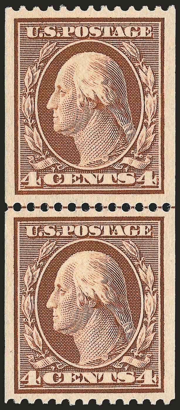 4c Orange Brown, Coil (350).> Mint N.H. guide line pair, bright shade, beautiful centering with extra wide margins on all sides<><>^EXTREMELY FINE GEM. A SUPERB MINT NEVER-HINGED GUIDE LINE PAIR OF THE 4-CENT
PERF 12 DOUBLE-LINE WATERMARKED COIL, W