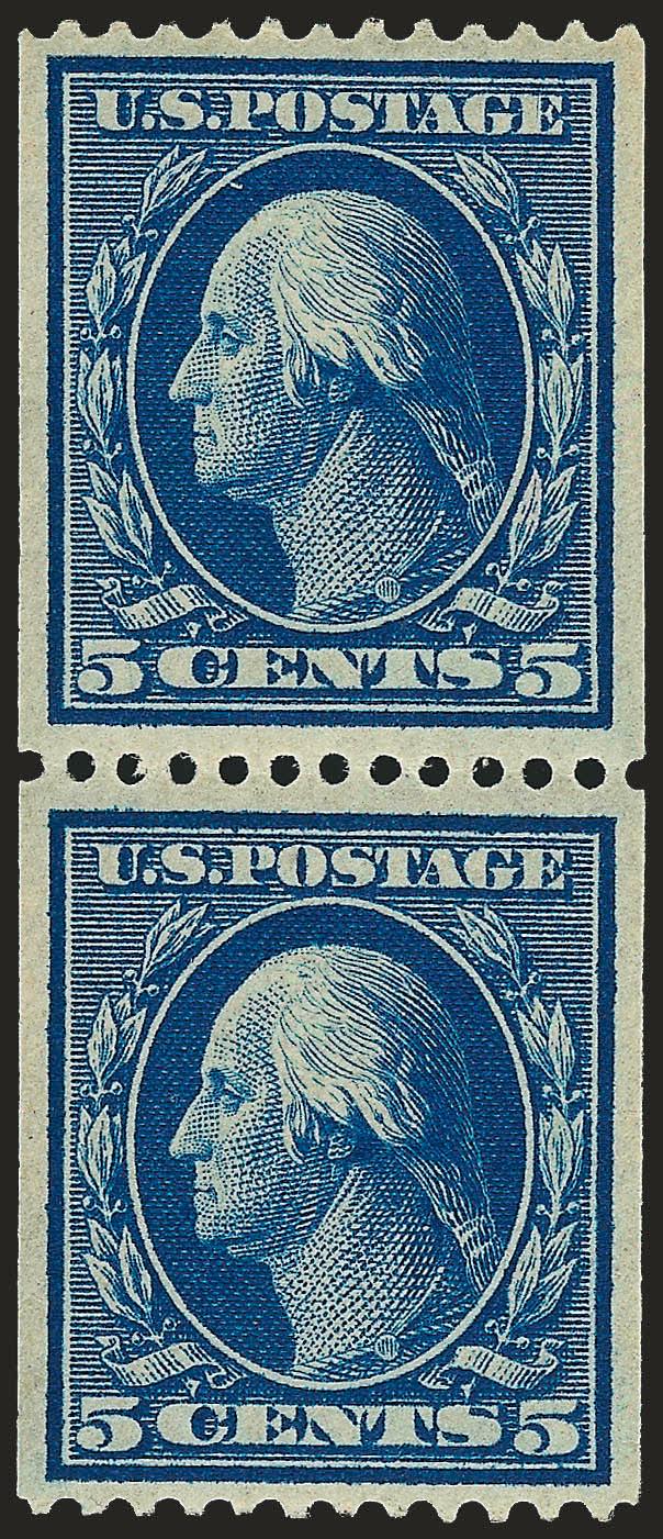 5c Blue, Coil (351).> Mint N.H. pair, deep rich color and proof-like impression, choice centering for this difficult issue<><>^EXTREMELY FINE GEM. A STUNNING MINT NEVER-HINGED PAIR OF THE 5-CENT PERF 12
VERTICAL COIL, SCOTT 351, WHICH HAS BEEN GRAD