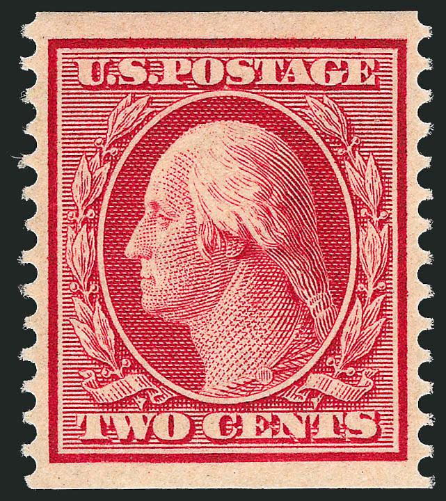 2c Carmine, Coil (353).> Mint N.H., almost perfectly balanced margins, especially wide horizontally, incredibly fresh with pleasing bright color, Extremely Fine Gem, almost never seen in this outstanding
condition, with 1995 P.S.E. certificate (XF-Su