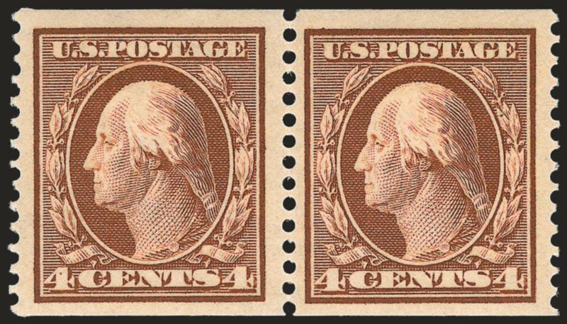 4c Orange Brown, Coil (354).> Mint N.H. pair with 3mm spacing, deep rich color, wide margins, Very Fine and choice, with 1987 and 2000 P.F. and 2004 P.S.E. certificates (VF-XF 85 SMQ $1,850.00)