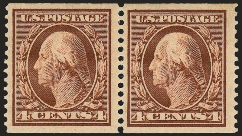 4c Orange Brown, Coil (354).> 3mm spacing pair, lightly hinged, rich color, wide margins, Very Fine and choice, with 2008 P.S.E. certificate