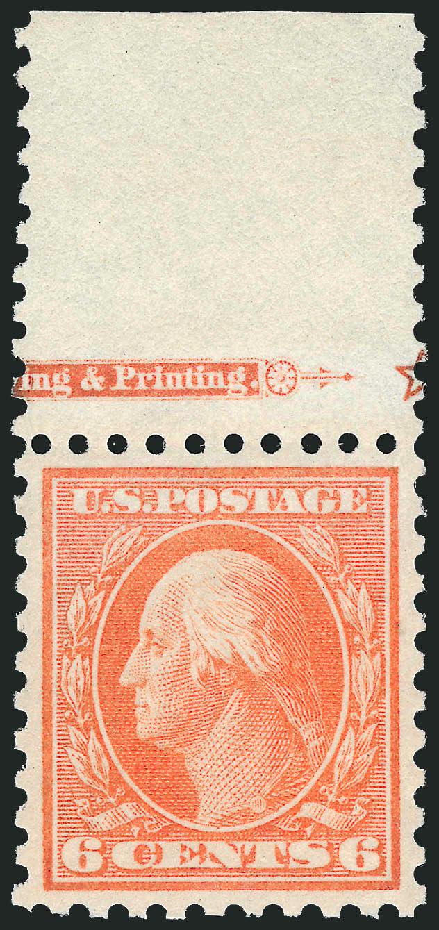 6c Red Orange (429).> Mint N.H. with top part imprint selvage, precisely balanced margins and magnificent glowing color, Extremely Fine Gem, with 1999 P.F. certificate for vertical pair from which this stamp
was removed
