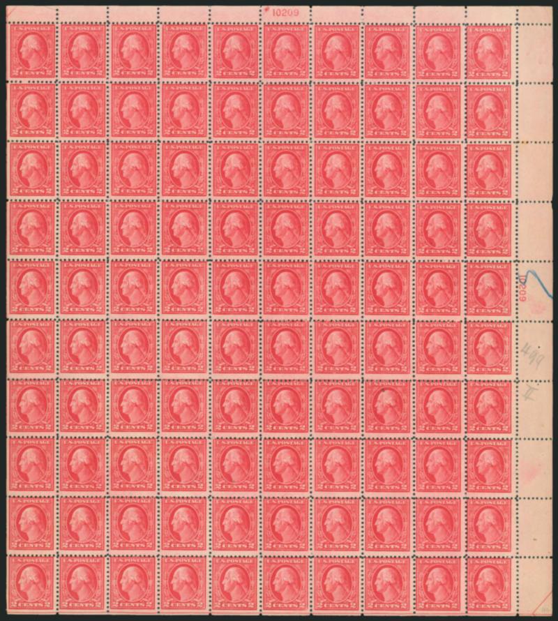 2c Deep Rose, Ty. Ia (500).> Complete Mint N.H. pane of 100 with top and right plate no. 10209 blocks of six, blue P.O. pencil mark on right plate no., few natural inclusions, Very Good-Fine with the vast
majority in the lower grade, in our opinion S