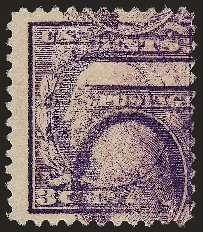 3c Dark Violet, Ty. II, Double Impression (502d).> Lightly hinged, strong second impression, typical centering with perfs just in at right