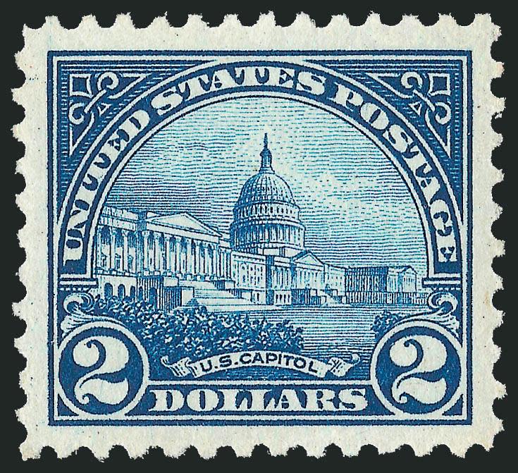 $2.00 Deep Blue (572).> Mint N.H., Jumbo margins and essentially perfectly centered, rich color and detailed impression, Extremely Fine Gem, with 2008 P.S.E. certificate (XF-Superb 95 Jumbo SMQ $660.00 as 95,
$2,150.00 as 98)