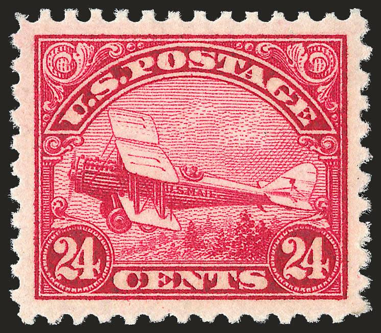 24c Carmine, 1923 Air Post (C6).> Mint N.H., incredibly wide margins of near Jumbo proportions, nearly perfectly centered, bright and crisp, lovely color, Extremely Fine Gem, with 2004 P.S.E. certificate
(XF-Superb 95 SMQ $660.00)