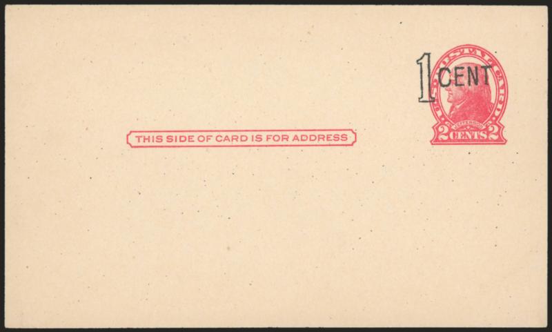 1c on 2c Red on Cream, Die II Postal Card, 1 CENT Washington, D.C. Cancelling Machine Surcharge (UX31).> Unused<><>^VERY FINE. ONE OF THE RAREST OF ALL POSTAL CARD ISSUES AND A KEY FOR COMPLETION IN THIS
POPULAR COLLECTING AREA.^<><> With 200