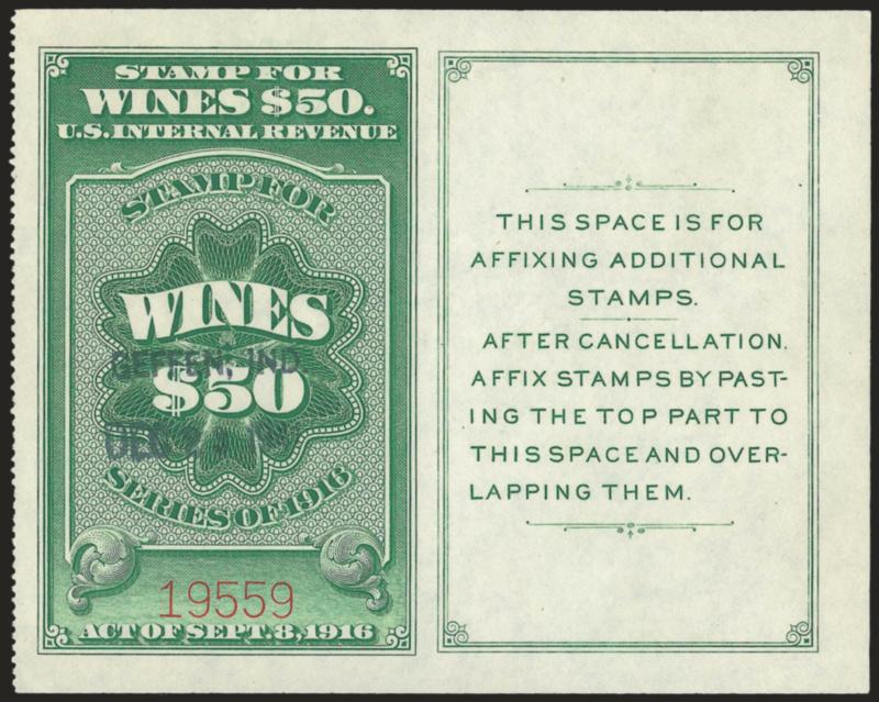 $50.00 Yellow Green, Wine (RE107C).> Small neat handstamp cancel, perforated 12-12, filled staple holes, otherwise Very Fine, an attractive example this very rare Wine stamp