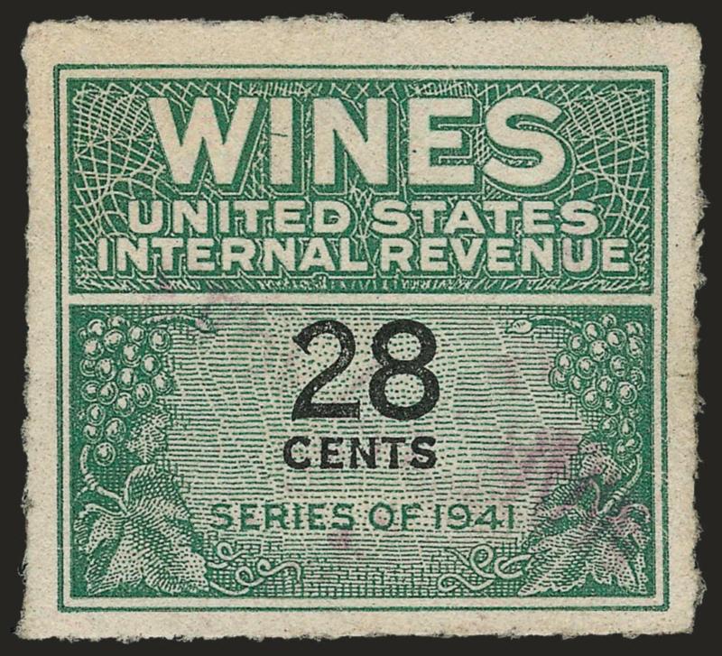 28c Green & Black, 1942 Issue, Wine (RE132).> Bright color, light strike of violet cancel, crisp impression<><>^VERY FINE. A CHOICE EXAMPLE OF THE EXTREMELY RARE 28-CENT 1942 WINE ISSUE.^<><>We would place this
in the top ten of Wine Stamp rariti