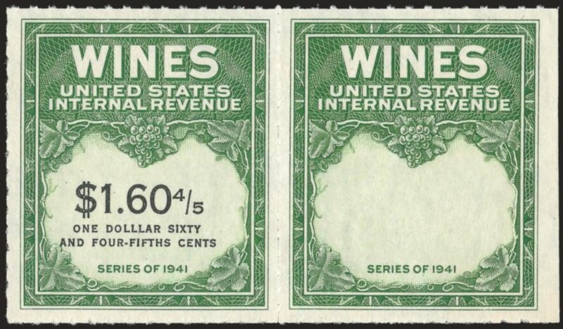 $1.60-45 Yellow Green & Black, 1942 Issue, Wine, Horizontal Pair, One Without Denomination (RE196b).> Unused (no gum), bright colors<><>^VERY FINE EXAMPLE OF THE $1.60-45 WINE STAMP IN A PAIR WITH ONE STAMP
MISSING THE DENOMINATION.^<><>Ex Joyc