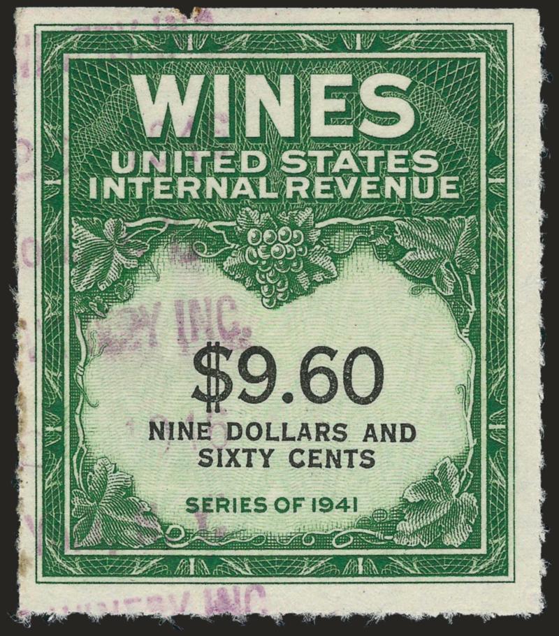 $9.60 Yellow Green & Black, 1951 Issue, Wine (RE204).> Deep rich color, magenta handstamp cancel, tiny margin nick at top, light creases<><>^VERY FINE APPEARING EXAMPLE OF THE $9.60 WINE STAMP. A GREAT
RARITY.^<><>Wine stamps were discontinued af