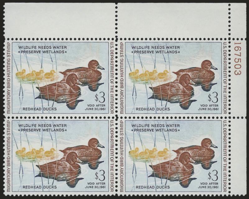 $3.00 1960 Hunting Permit (RW27).> Mint N.H. top right plate no. 167503 block of four, well-centered, Very Fine and choice