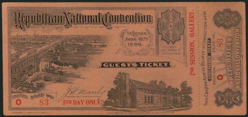 Republican National Convention Guest Ticket, St. Louis Mo., 1896.> 6 x 2-78 in., unused with stub at right, black on oriental buff with attractive illustrations of the Eads Bridge (as on Scott No. 293) and
General Grants Log Cabin in St. Louis, Ve