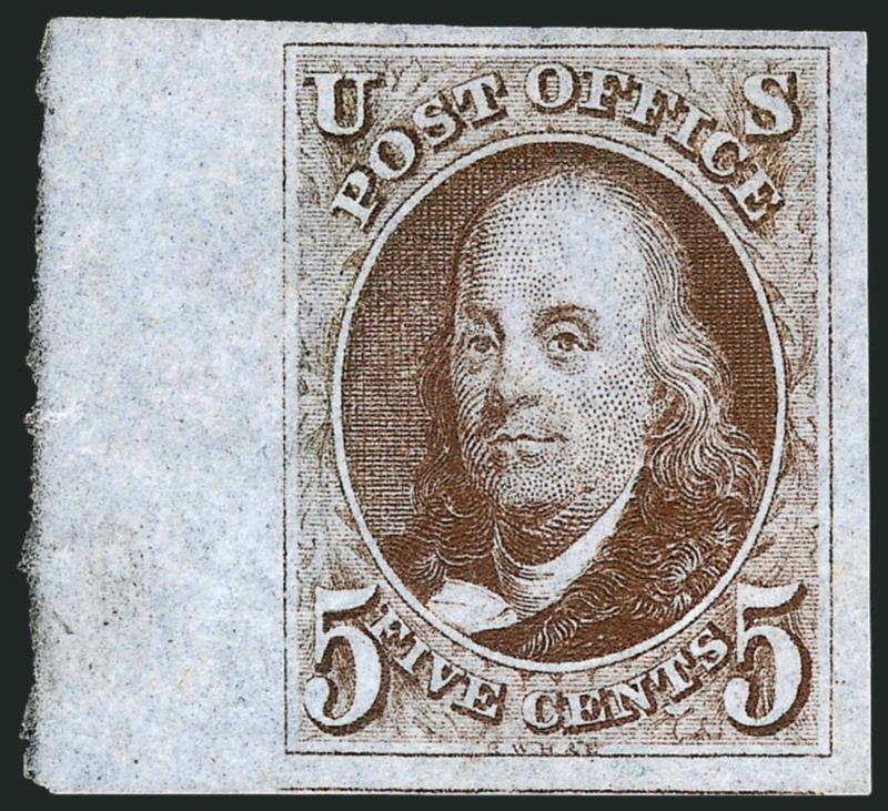 5c Dark Brown (1a). Mint N.H.,> huge margins all around including <enormous left sheet margin,> gorgeous Dark Brown shade and razor-sharp impression from a very early printing, the paper and gum are fresh and
pristine<><>^EXTREMELY FINE GEM. THIS I