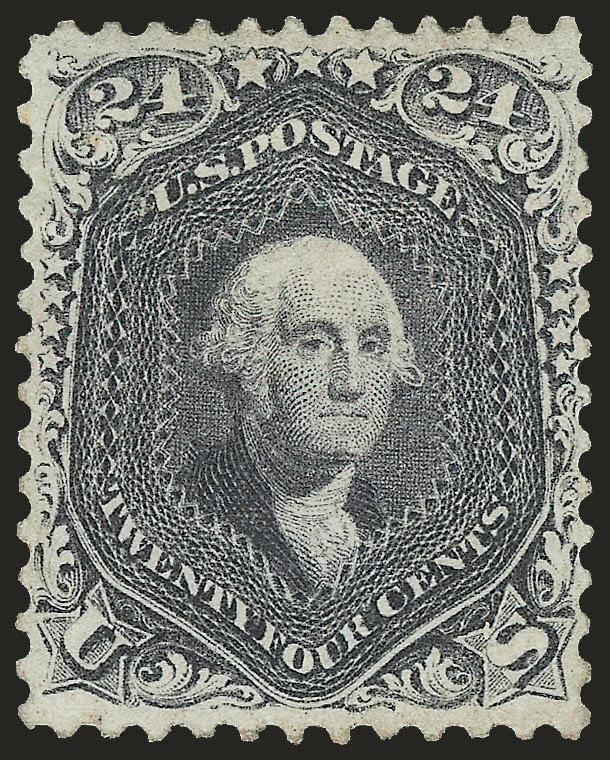 24c Blackish Violet (78c).> Original gum, deep rich color in the true Blackish Violet shade, sharp proof-like impression on crisp paper, exceptional centering for this difficult issue with long and full
perforations all around<><>^EXTREMELY FINE. T
