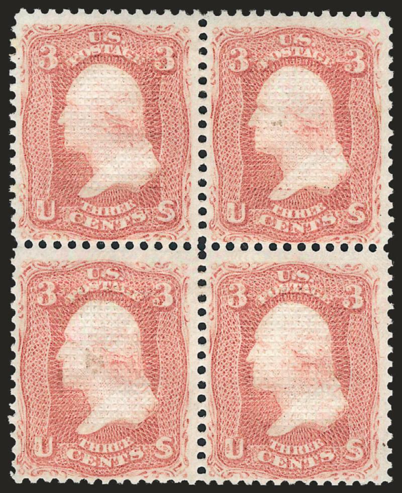 3c Rose, C. Grill (83).> Block of four, original gum, lightly hinged, clearly-defined grills, bright color and proof-like impression<><>^FINE-VERY FINE. A SCARCE ORIGINAL-GUM BLOCK OF FOUR OF THE 1867 3-CENT C
GRILL. VERY FEW REMAIN INTACT.^<><>E
