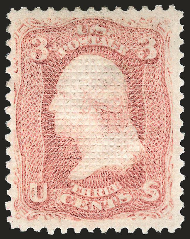 3c Rose, Partially Erased C. Grill (83 var).> Original gum, clear grill, bright color on crisp paper<><>^EXTREMELY FINE. POSSIBLY THE FINEST SINGLE EXAMPLE OF THE 1867 3-CENT C GRILL WITH PARTIAL
ERASURE.^<><>With 1993 P.S.E. and 1994 P.F. certif