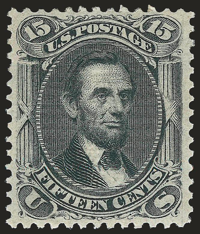 15c Black, E. Grill (91).> Original gum, deep shade and detailed impression, clear grill points which show the entire grill, choice centering for this difficult issue<><>^EXTREMELY FINE. A BEAUTIFUL AND SCARCE
SOUND ORIGINAL-GUM EXAMPLE OF THE 1868