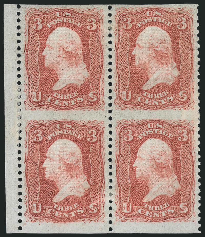 3c Red, F. Grill, Imperforate Horizontally (94c).> Block of four with part selvage at left, original gum, bright shade, detailed impression, wide margins at top and bottom<><>^EXTREMELY FINE. AN EXCEPTIONALLY
RARE BLOCK OF THE 1868 3-CENT F GRILL W