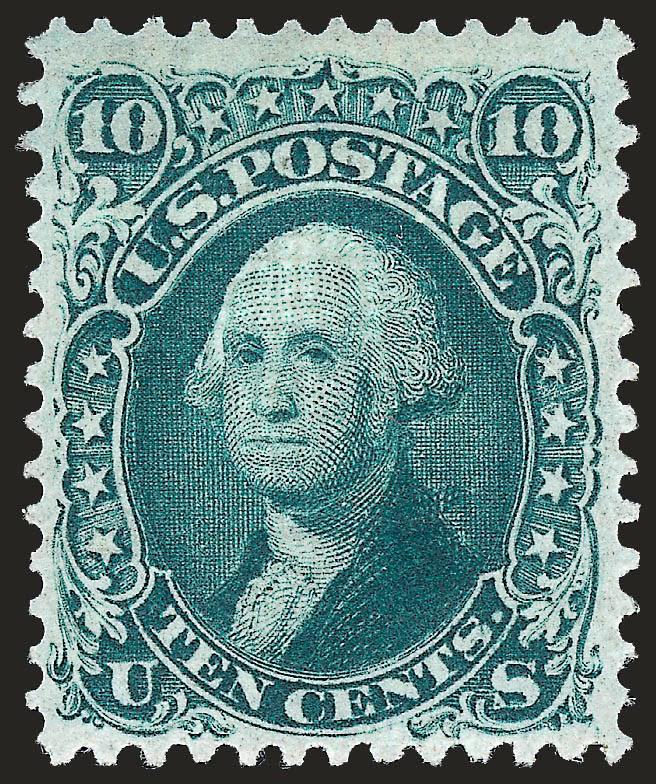 10c Yellow Green, F. Grill, Very Thin Paper (96 var).> Original gum, lightly hinged, rich color on bright paper, clearly-defined grill<><>^VERY FINE AND CHOICE. AN EXCEEDINGLY RARE ORIGINAL-GUM EXAMPLE OF THE
1868 10-CENT F GRILL ON VERY THIN PAPER