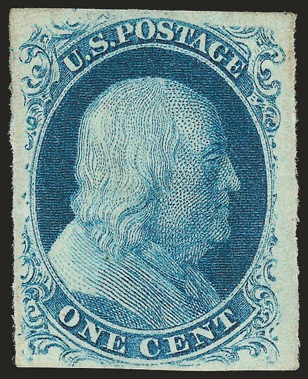 1c Blue, Ty. IIIa (8A).> Original gum, gorgeous color and intense impression, full to large margins, remarkably fresh and bright<><>^EXTREMELY FINE. A MAGNIFICENT ORIGINAL-GUM EXAMPLE OF THE IMPERFORATE ONE-CENT
TYPE IIIA. SUPERB IN EVERY RESPECT.^