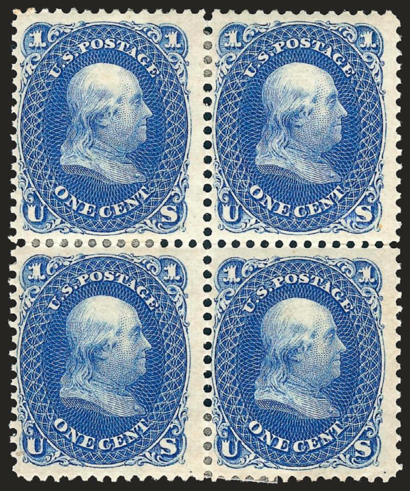 1c Blue, Re-Issue (102).> Block of four, original gum, h.r., rich color and proof-like impression on bright paper<><>^FINE-VERY FINE. A SCARCE ORIGINAL-GUM BLOCK OF FOUR OF THE ONE-CENT 1861 RE-ISSUE.^<><>Ex
Klein. With 2005 P.F. certificate