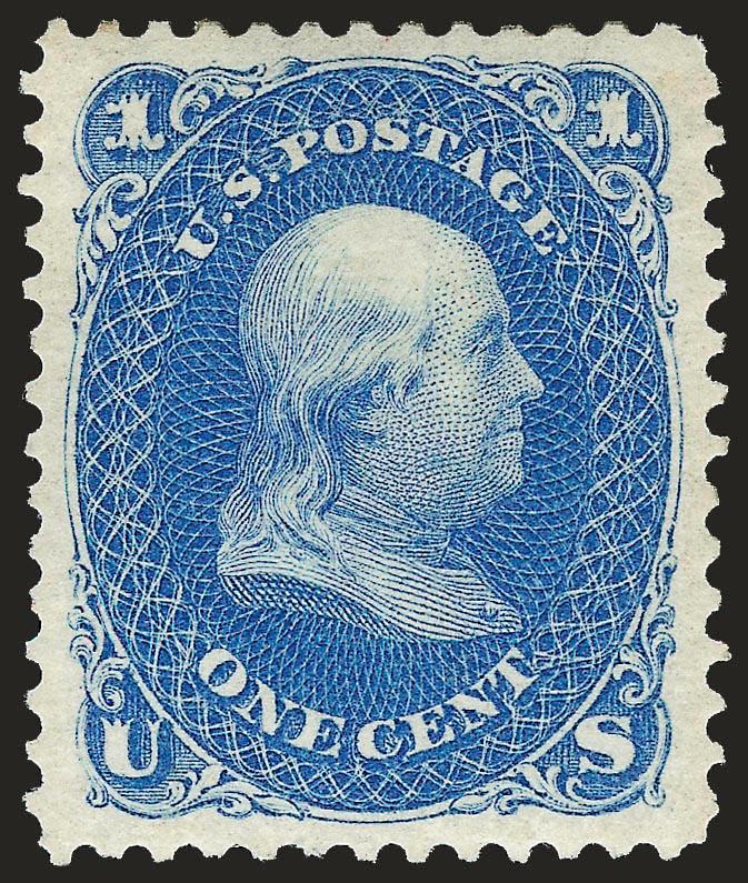 1c Blue, Re-Issue (102).> Original gum, lightly hinged, rich color on bright paper, beautiful impression, wide and balanced margins<><>^EXTREMELY FINE GEM. A SUPERB ORIGINAL-GUM EXAMPLE OF THE ONE-CENT 1861
RE-ISSUE.^<><>With 1993 P.F. certificat