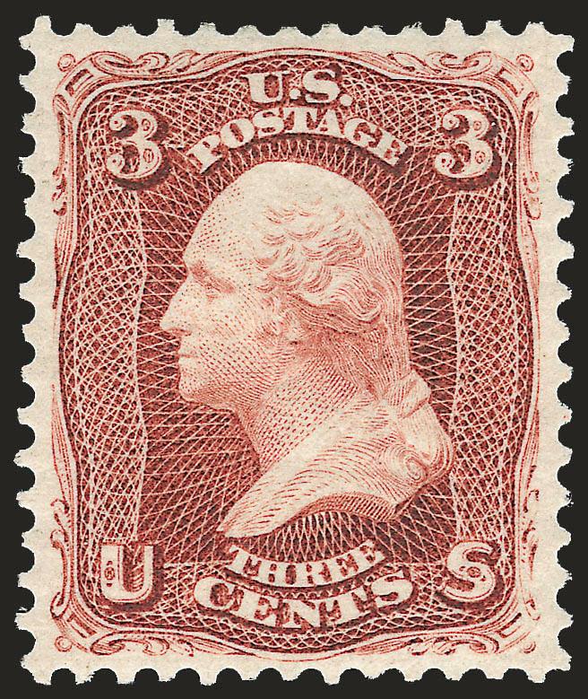 3c Brown Red, Re-Issue (104).> Original gum, lightly hinged, rich color and detailed impression on bright paper, gorgeous centering with well-proportioned margins<><>^EXTREMELY FINE GEM. A BEAUTIFUL ORIGINAL-GUM
EXAMPLE OF THE 3-CENT 1861 RE-ISSUE.