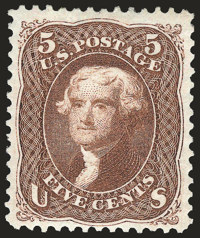 5c Brown, Re-Issue (105).> Original gum, lightly hinged, brilliant color on crisp paper, wide margins<><>^VERY FINE ORIGINAL-GUM EXAMPLE OF THE 5-CENT 1861 RE-ISSUE.^<><>With 1992 P.S.E. certificate