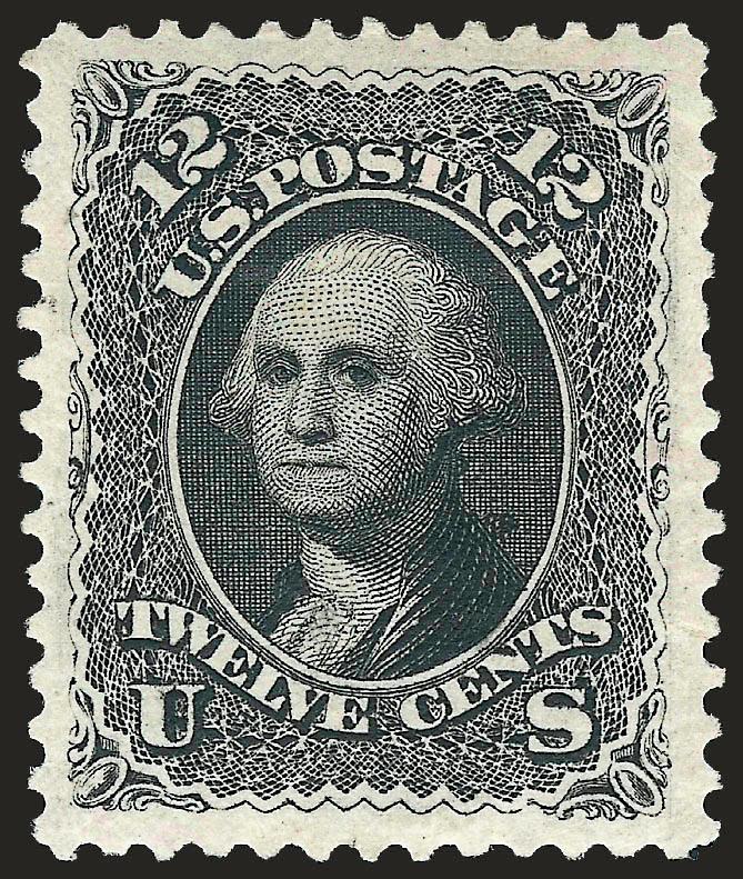 12c Black, Re-Issue (107).> Original gum, lightly hinged, intense shade and proof-like impression on crisp paper, gorgeous centering with unusually wide margins<><>^EXTREMELY FINE. A MAGNIFICENT WIDE-MARGINED
ORIGINAL-GUM EXAMPLE OF THE 12-CENT 186