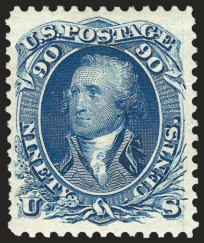 90c Blue, Re-Issue (111).> Original gum, rich color on crisp paper, few barely nibbed perfs at lower left not mentioned on accompanying certificate<><>^VERY FINE ORIGINAL-GUM EXAMPLE OF THE 90-CENT 1861
RE-ISSUE.^<><>Only 317 sold. With 1994 P.F.