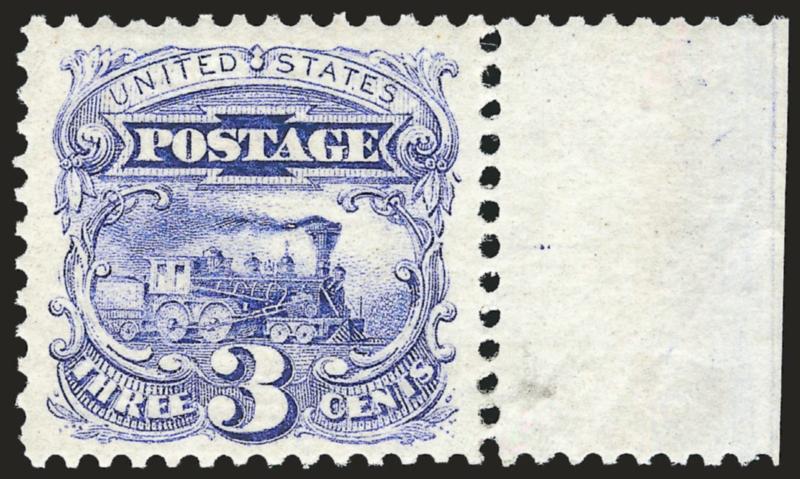 3c Ultramarine, Split Grill (114 var). Mint N.H.> with selvage at right, brilliant color on post-office fresh paper, beautiful centering and extra wide margins, fresh and Extremely Fine, with 1991 and 1995 P.F.
certificates, Scott Retail as hinged