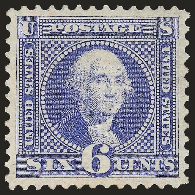 6c Ultramarine (115).> Original gum, lightly hinged, rich color on bright paper, well-defined grill, unusually choice centering with well-balanced margins<><>^EXTREMELY FINE GEM. A SUPERB ORIGINAL-GUM EXAMPLE OF
THE 6-CENT 1869 PICTORIAL ISSUE, WHI