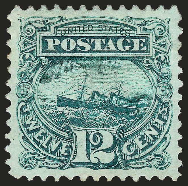 12c Green (117).> Original gum, lightly hinged, deep rich color and sharp proof-like impression, beautifully centered with unusually wide and balanced margins<><>^EXTREMELY FINE GEM. A MAGNIFICENT ORIGINAL-GUM
EXAMPLE OF THE 12-CENT 1869 PICTORIAL
