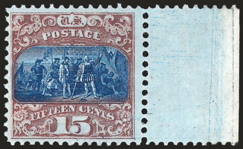 15c Brown & Blue, Ty. II (119). Mint N.H.> with selvage at right, deep rich colors and proof-like impressions, choice centering<><>^VERY FINE AND CHOICE. AN EXCEPTIONALLY RARE MINT NEVER-HINGED EXAMPLE OF THE
15-CENT TYPE II 1869 PICTORIAL ISSUE. T