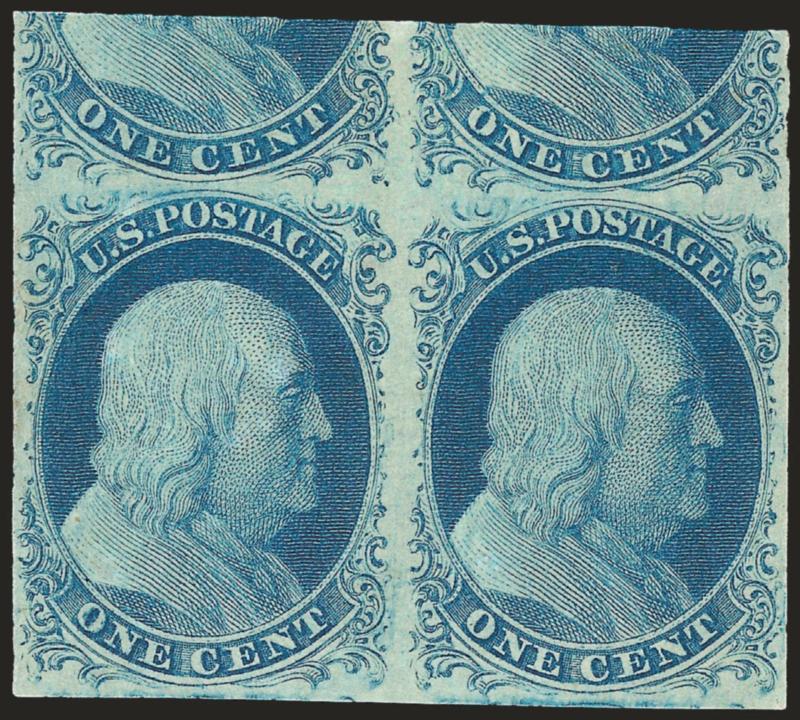 1c Blue, Ty. IV (9).> Positions 76-77L1L, <Mint N.H.> horizontal pair, huge margins to full at sides incl. significant portion of adjoining stamps at top (Positions 66-67L1L), unusually rich color and exceptional
proof-like impression for a Plate 1 L