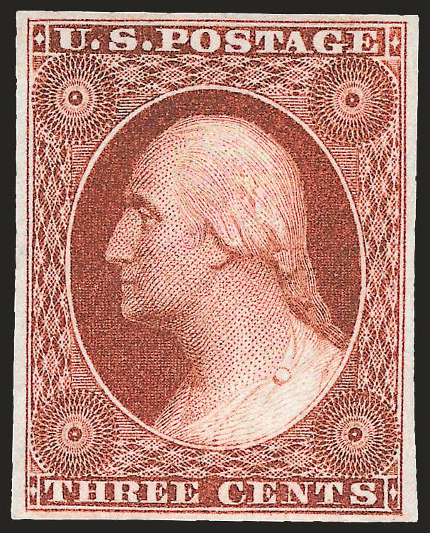 3c Deep Orange Brown, Ty. II (10A). Mint N.H.,> Position 89RO, large and balanced margins all around, deep rich color and proof-like impression which shows every minute detail of the intricate lathework
engraving, post-office fresh paper and gum<><