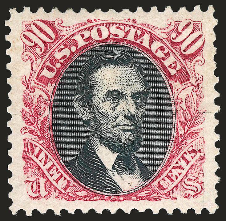90c Carmine & Black, Re-Issue (132).> Original gum, lightly hinged, deep rich colors and proof-like impressions on bright paper, marvelous centering with Jumbo margins<><>^EXTREMELY FINE GEM. A SENSATIONAL
ORIGINAL-GUM EXAMPLE OF THE 90-CENT 1869 P