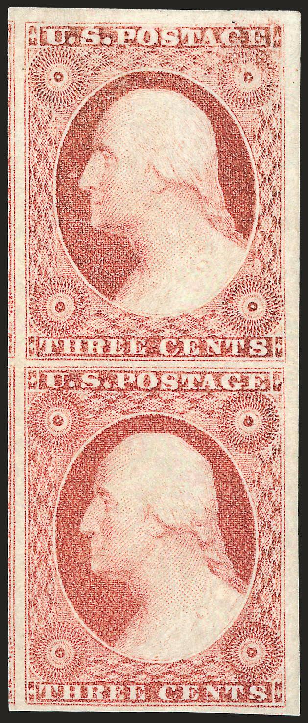 3c Dull Red, Ty. II (11A).> Vertical pair, <bottom stamp Mint N.H.,> top stamp lightly hinged, large to huge margins incl. part of two adjoining stamps at left, radiant color, bright and fresh<><>^EXTREMELY FINE
GEM. A SUPERB PAIR OF THE 1851 3-CEN