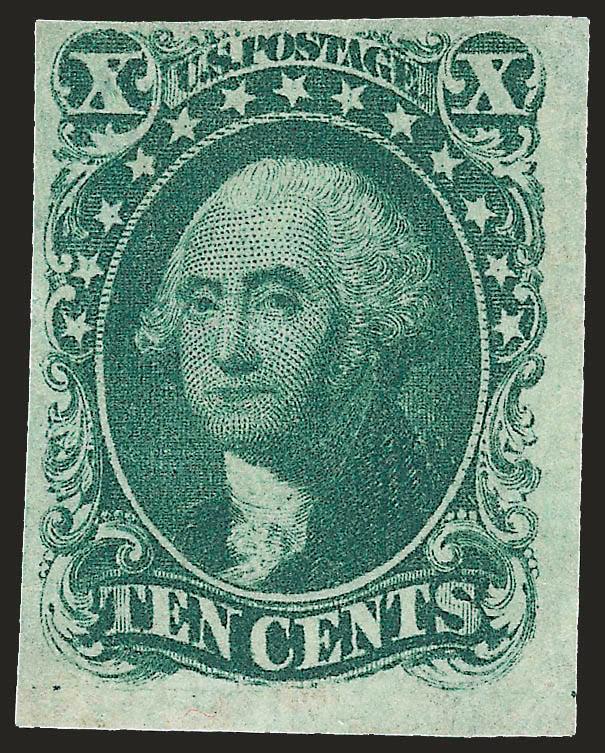 10c Green, Ty. I (13).> Original gum which is very lightly hinged and absolutely pristine, mostly large to huge margins incl. <sheet margin at bottom,> deep rich color and proof-like impression on crisp
paper<><>^EXTREMELY FINE GEM. A MAGNIFICENT O
