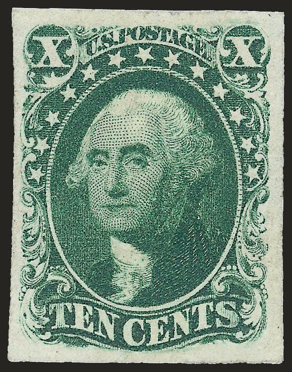 10c Green, Ty. III (15).> Original gum, lightly hinged, large margins all around, intense shade and impression on bright paper<><>^EXTREMELY FINE GEM. A GORGEOUS ORIGINAL-GUM EXAMPLE OF THE 1855 IMPERFORATE
10-CENT TYPE II.^<><>The majority of so