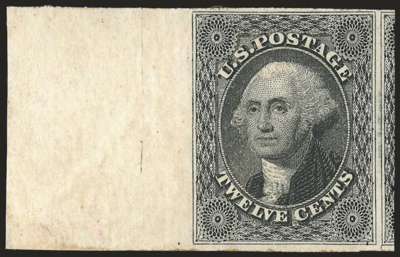 12c Black (17).> Typical brownish original gum, large margins to huge incl. part of adjoining stamp at right and <sheet margin at left,> deep shade and remarkably detailed impression showing every nuance of the
lathework<><>^EXTREMELY FINE. A GORGE